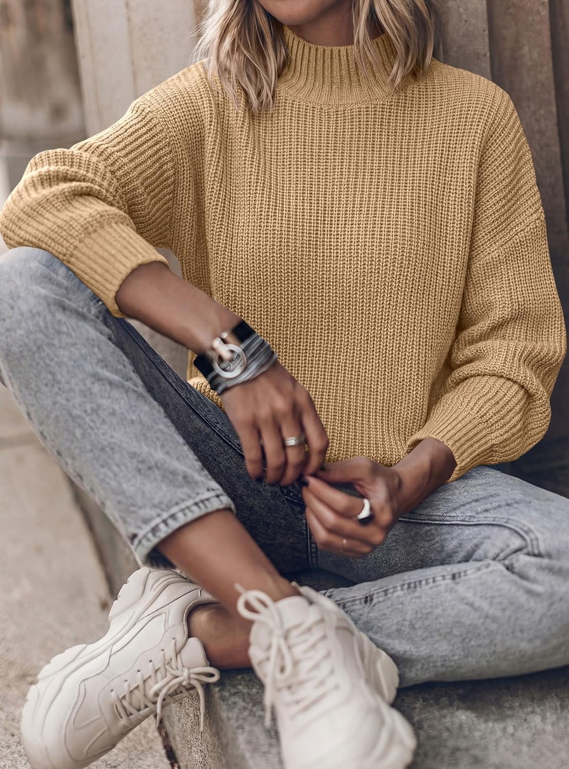 image:imagePRETTYGARDEN Womens Chunky Knit Pullover Mock Neck SweatersKhaki