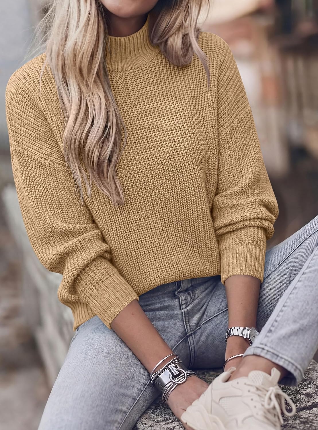 image:imagePRETTYGARDEN Womens Chunky Knit Pullover Mock Neck SweatersKhaki