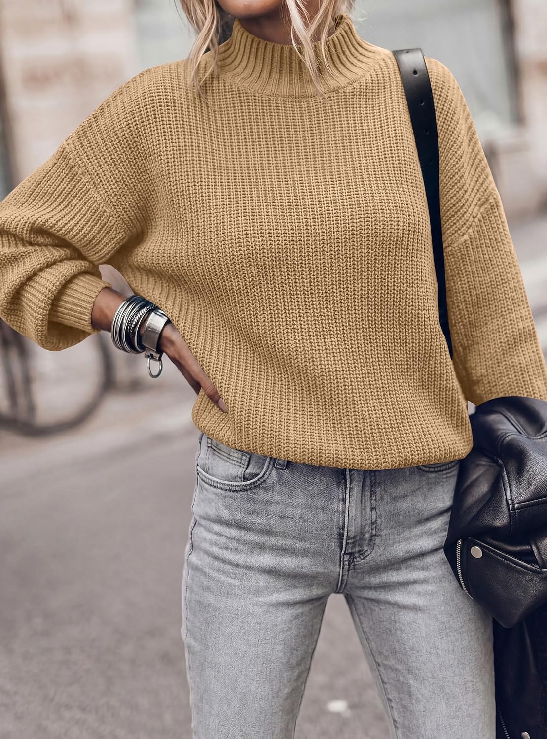 image:imagePRETTYGARDEN Womens Chunky Knit Pullover Mock Neck SweatersKhaki