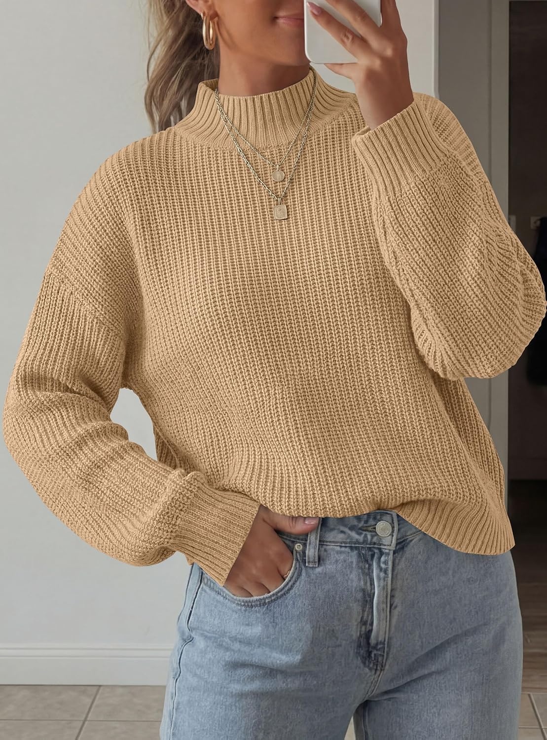 image:imagePRETTYGARDEN Womens Chunky Knit Pullover Mock Neck SweatersKhaki