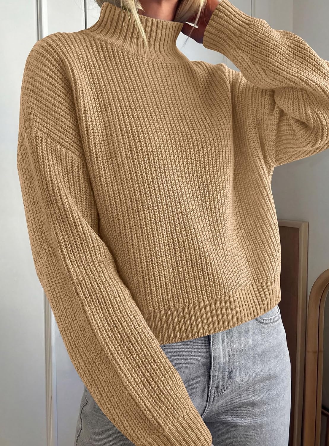 image:imagePRETTYGARDEN Womens Chunky Knit Pullover Mock Neck SweatersKhaki