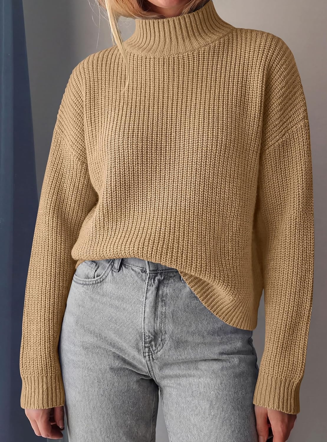 image:imagePRETTYGARDEN Womens Chunky Knit Pullover Mock Neck SweatersKhaki