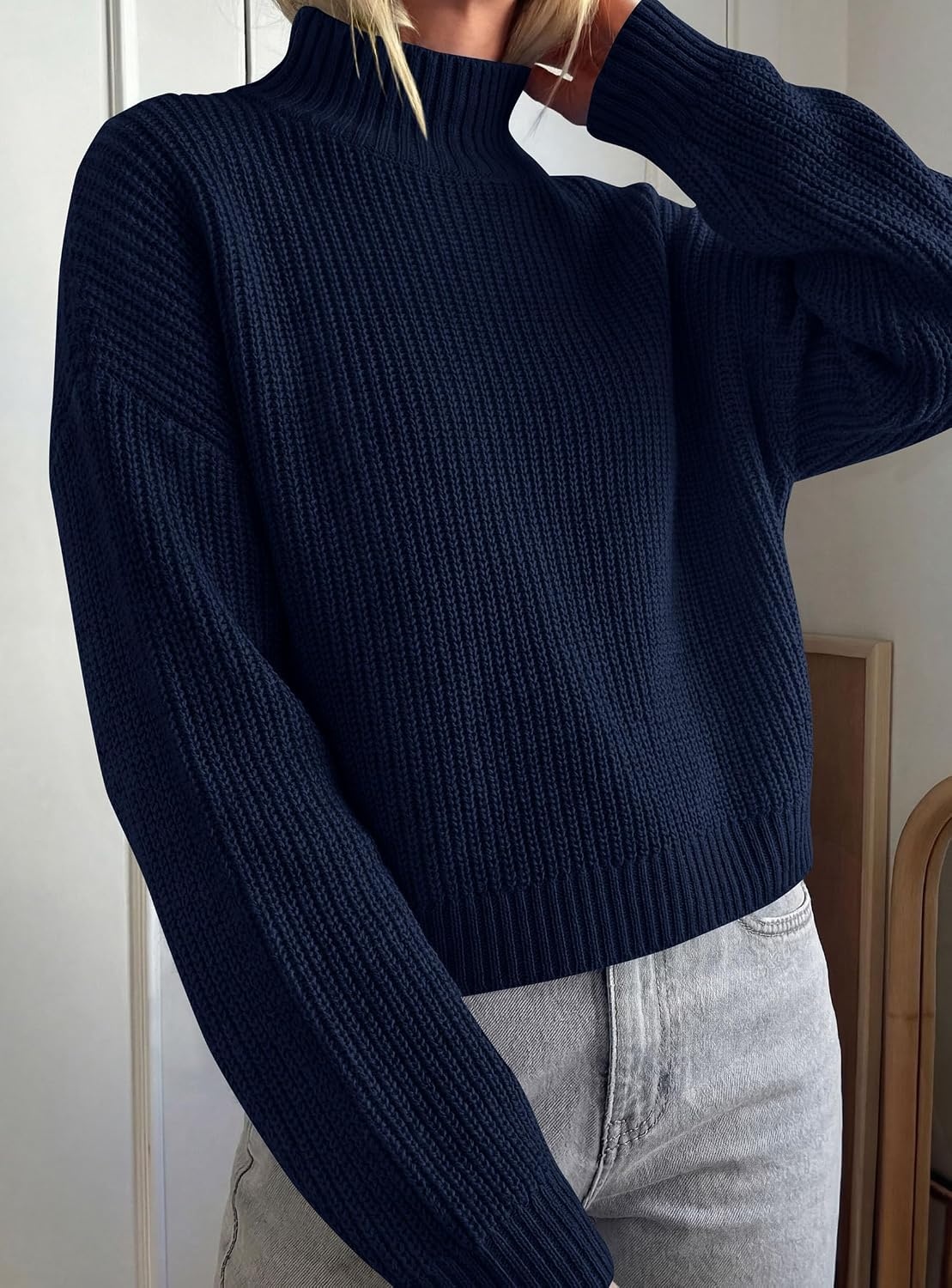 image:imagePRETTYGARDEN Womens Chunky Knit Pullover Mock Neck SweatersNavy Blue