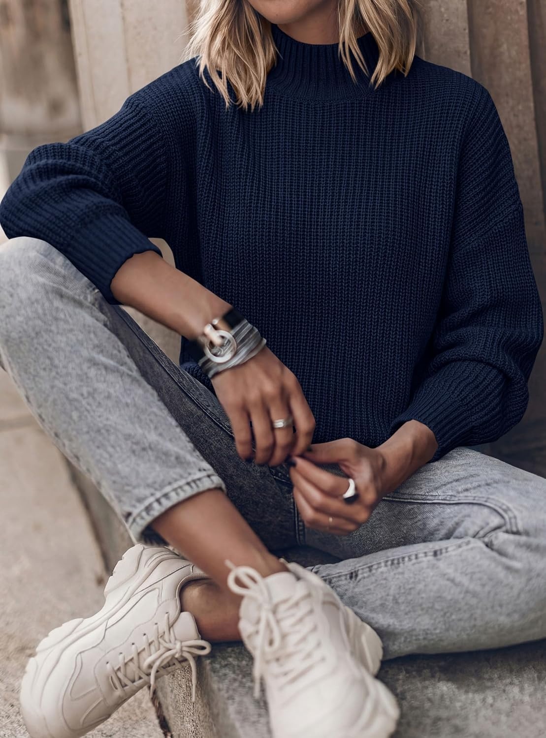 image:imagePRETTYGARDEN Womens Chunky Knit Pullover Mock Neck SweatersNavy Blue