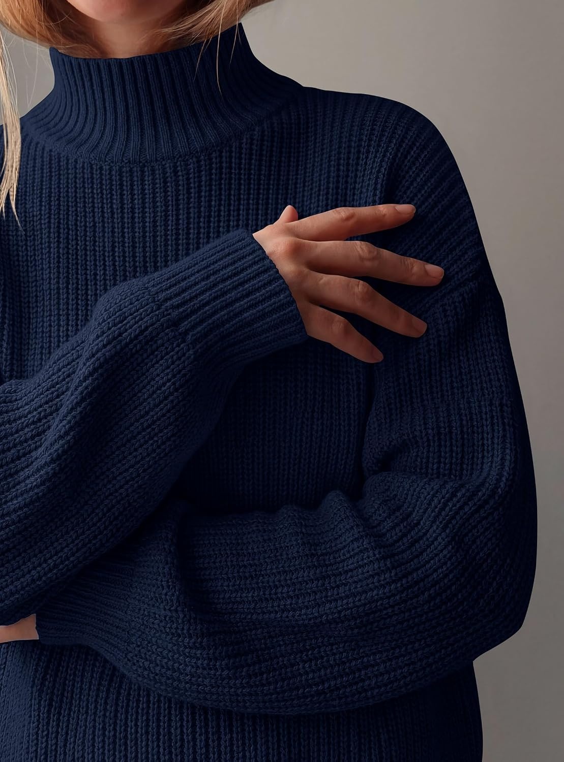 image:imagePRETTYGARDEN Womens Chunky Knit Pullover Mock Neck SweatersNavy Blue