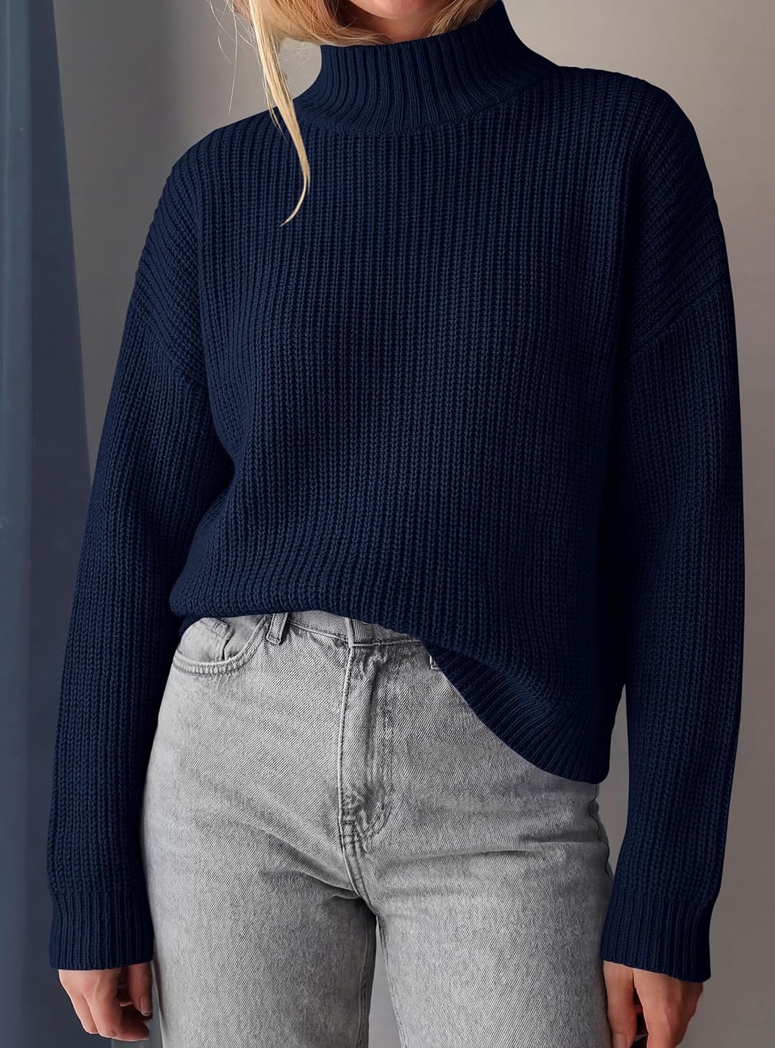 image:imagePRETTYGARDEN Womens Chunky Knit Pullover Mock Neck SweatersNavy Blue