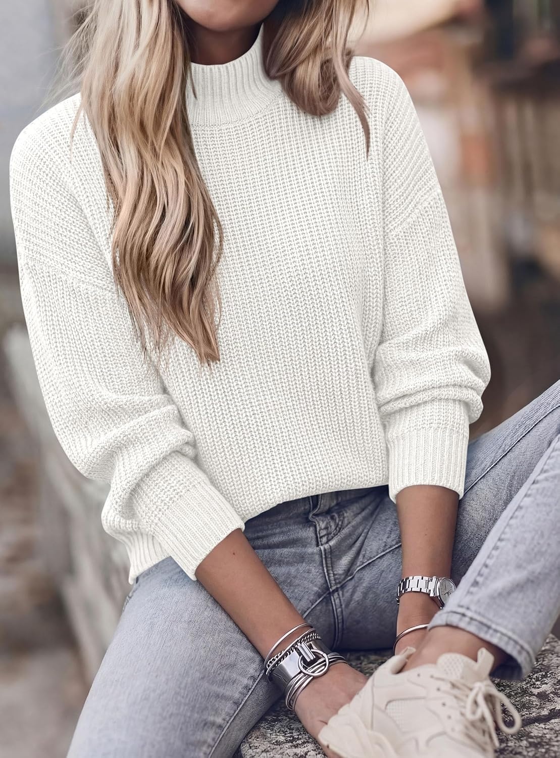 image:imagePRETTYGARDEN Womens Chunky Knit Pullover Mock Neck SweatersWhite