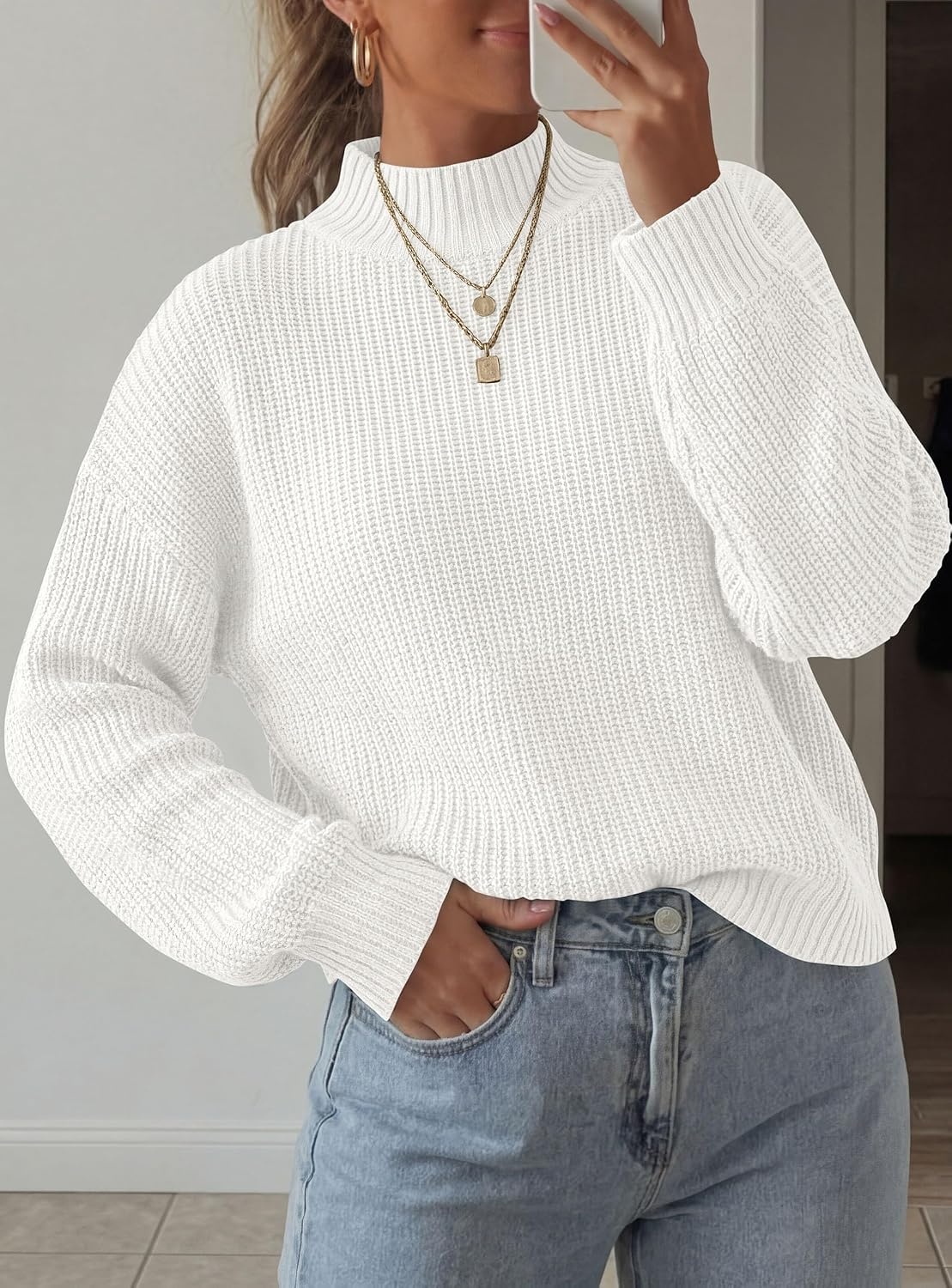 image:imagePRETTYGARDEN Womens Chunky Knit Pullover Mock Neck SweatersWhite