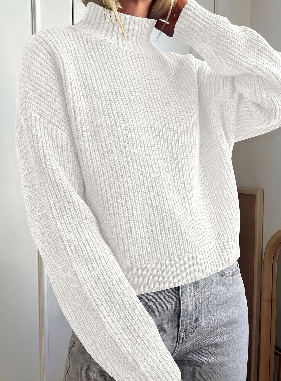 image:imagePRETTYGARDEN Womens Chunky Knit Pullover Mock Neck SweatersWhite