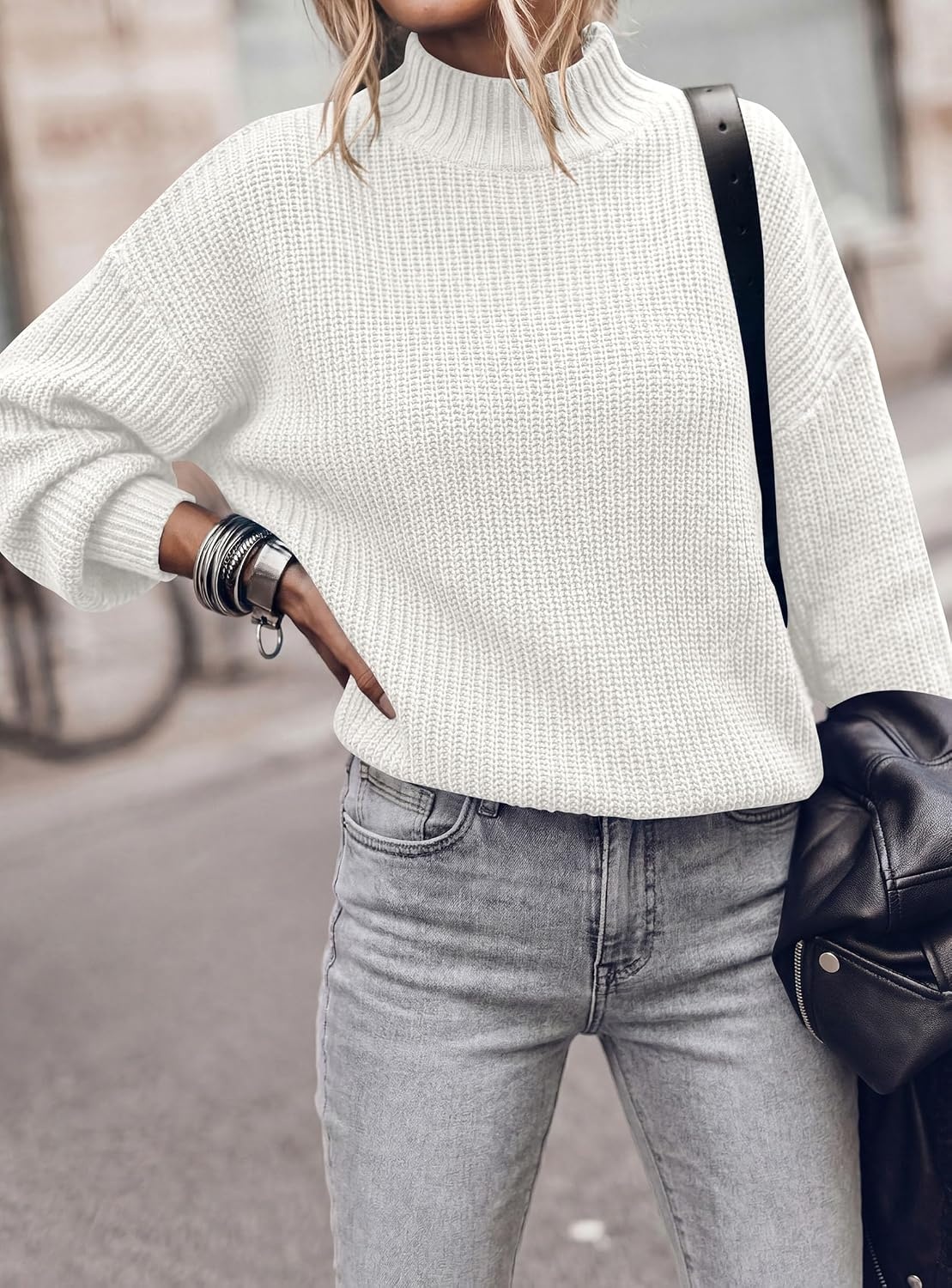 image:imagePRETTYGARDEN Womens Chunky Knit Pullover Mock Neck SweatersWhite