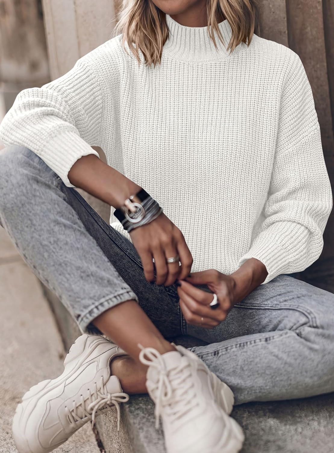 image:imagePRETTYGARDEN Womens Chunky Knit Pullover Mock Neck SweatersWhite