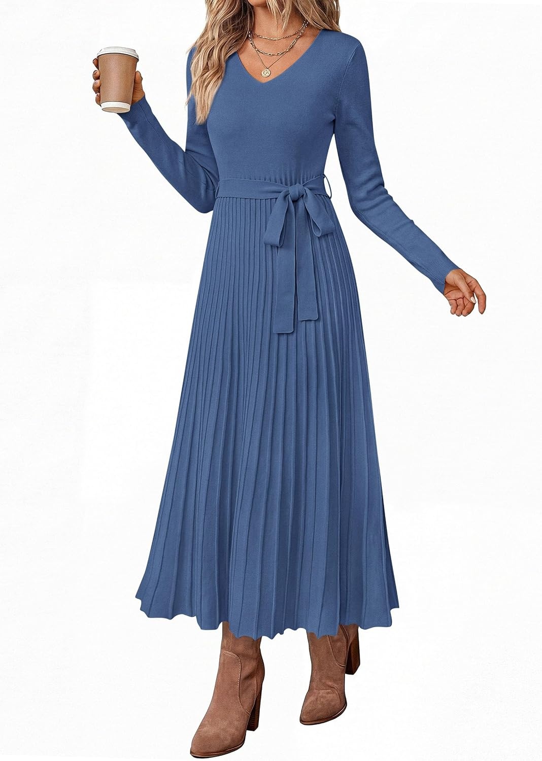 image:imagePRETTYGARDEN Womens Fall Maxi Long Sleeve Sweater DressBlue Grey