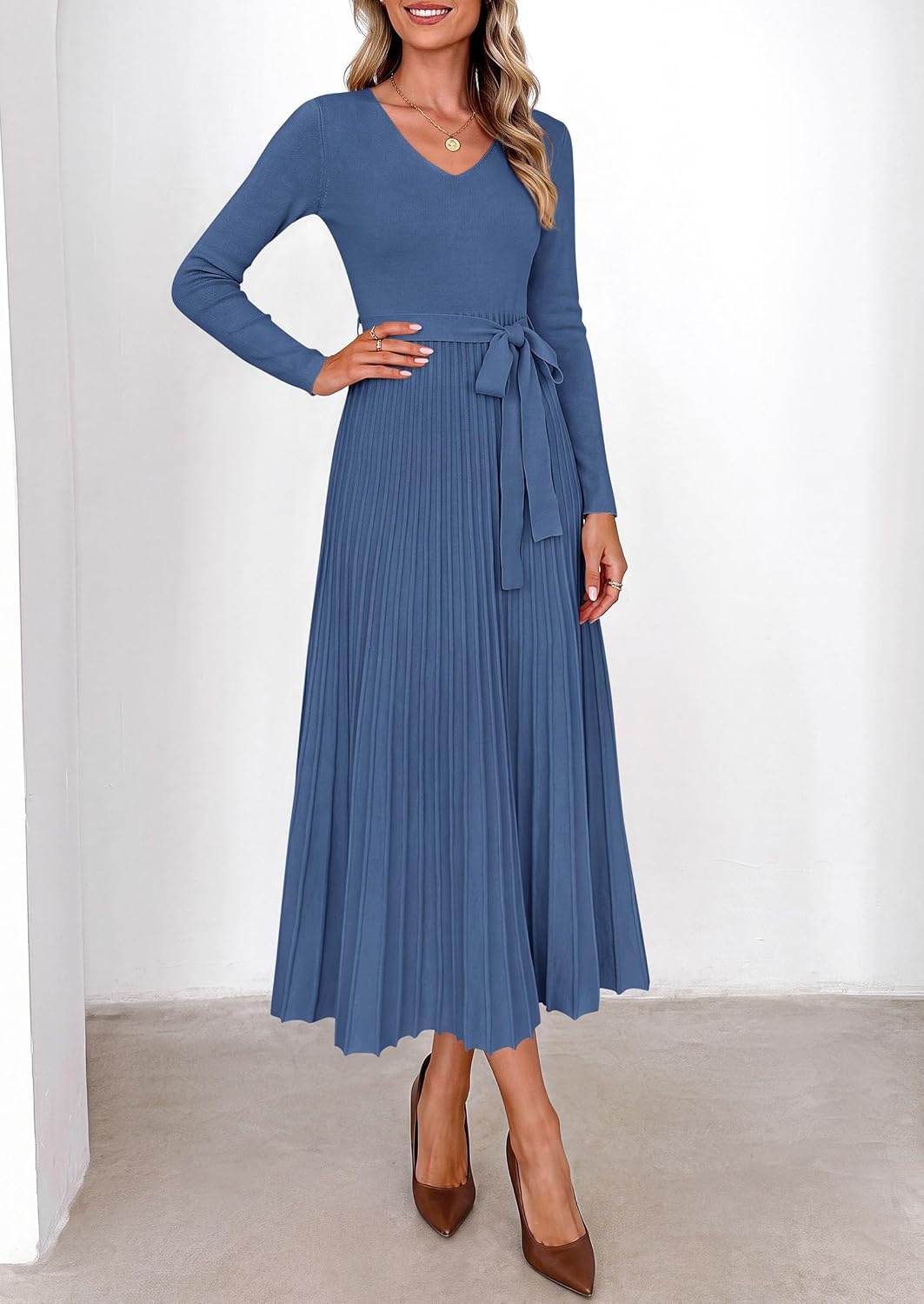 image:imagePRETTYGARDEN Womens Fall Maxi Long Sleeve Sweater DressBlue Grey