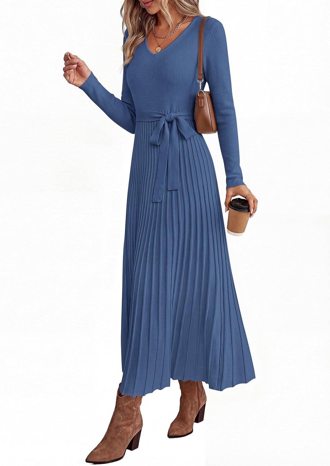 image:imagePRETTYGARDEN Womens Fall Maxi Long Sleeve Sweater DressBlue Grey