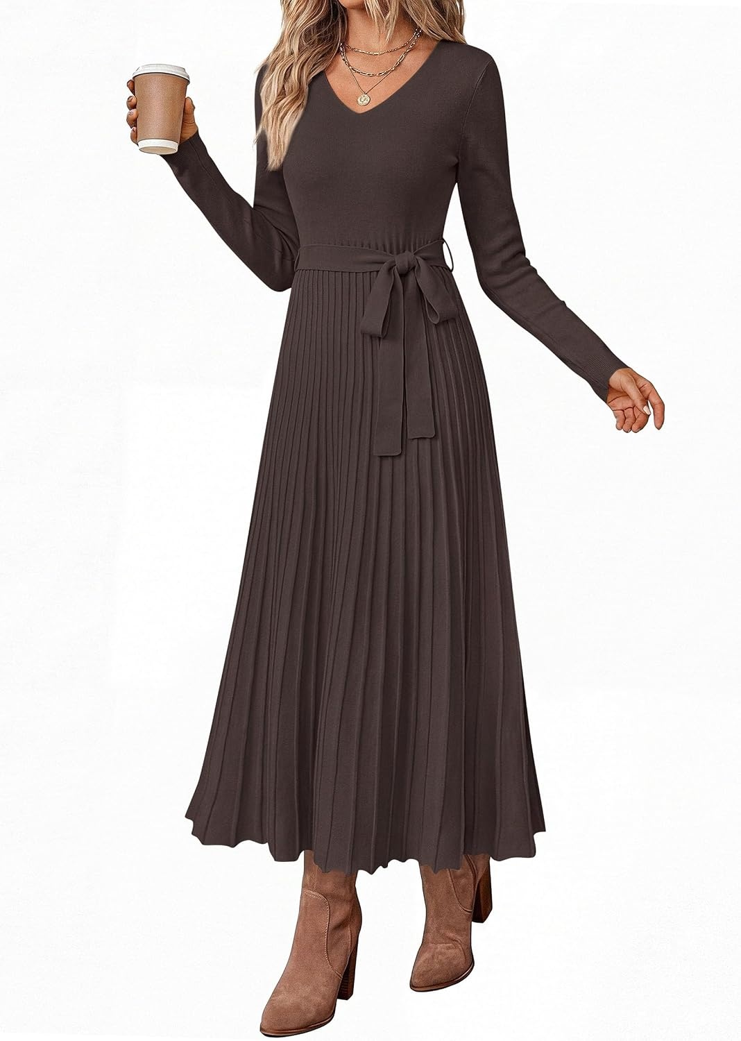 image:imagePRETTYGARDEN Womens Fall Maxi Long Sleeve Sweater DressBrown