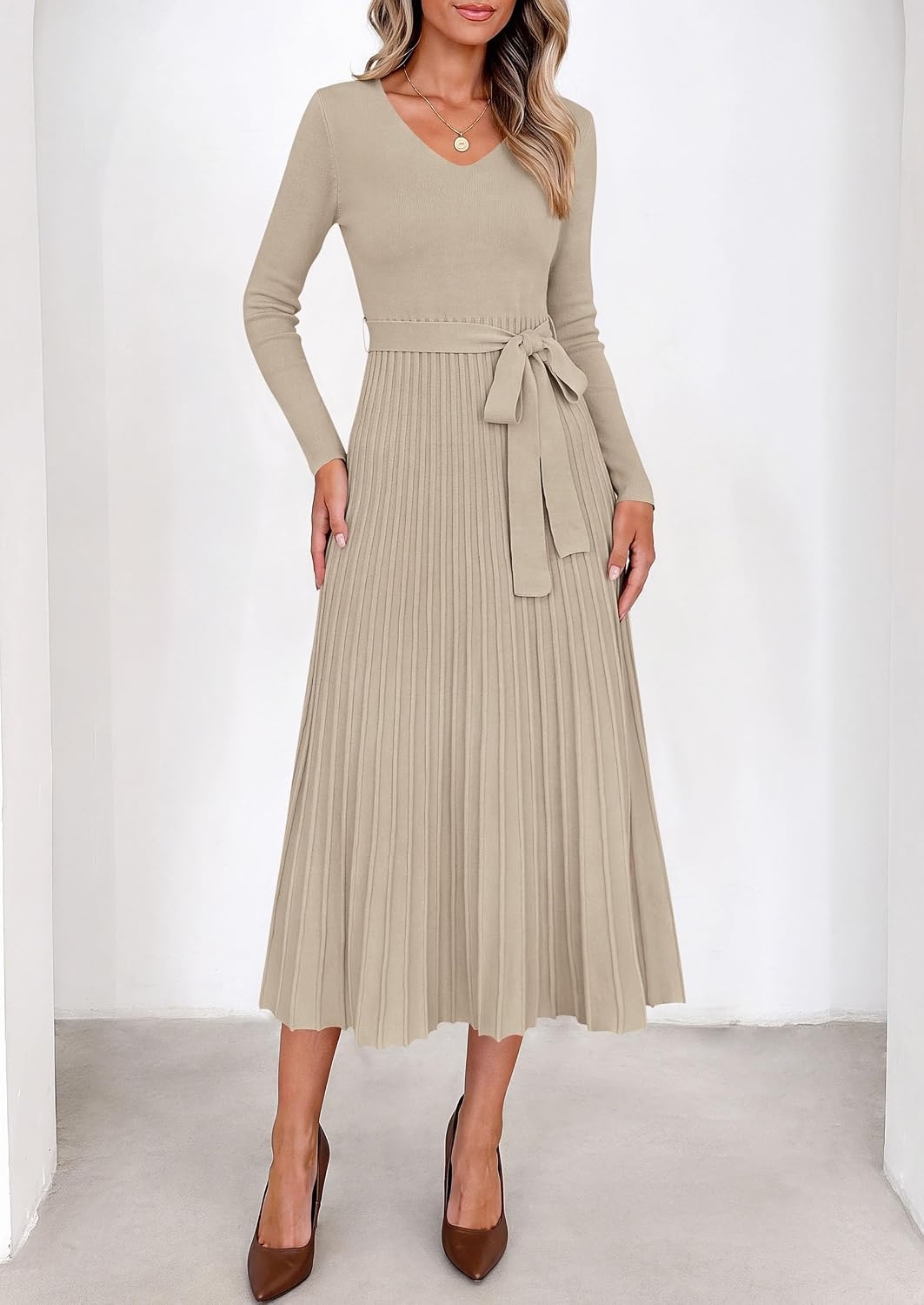 image:imagePRETTYGARDEN Womens Fall Maxi Long Sleeve Sweater DressLight Khaki