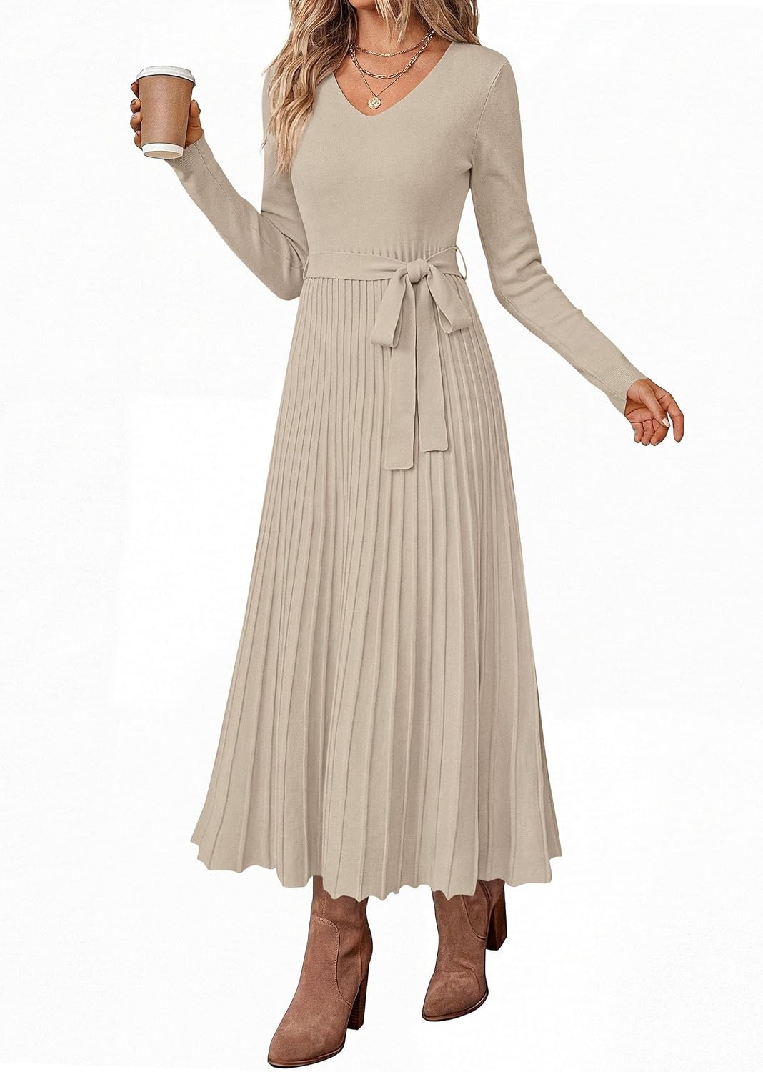 image:imagePRETTYGARDEN Womens Fall Maxi Long Sleeve Sweater DressLight Khaki
