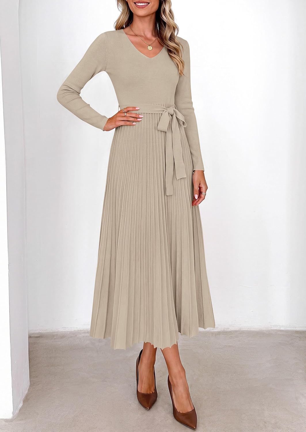 image:imagePRETTYGARDEN Womens Fall Maxi Long Sleeve Sweater DressLight Khaki