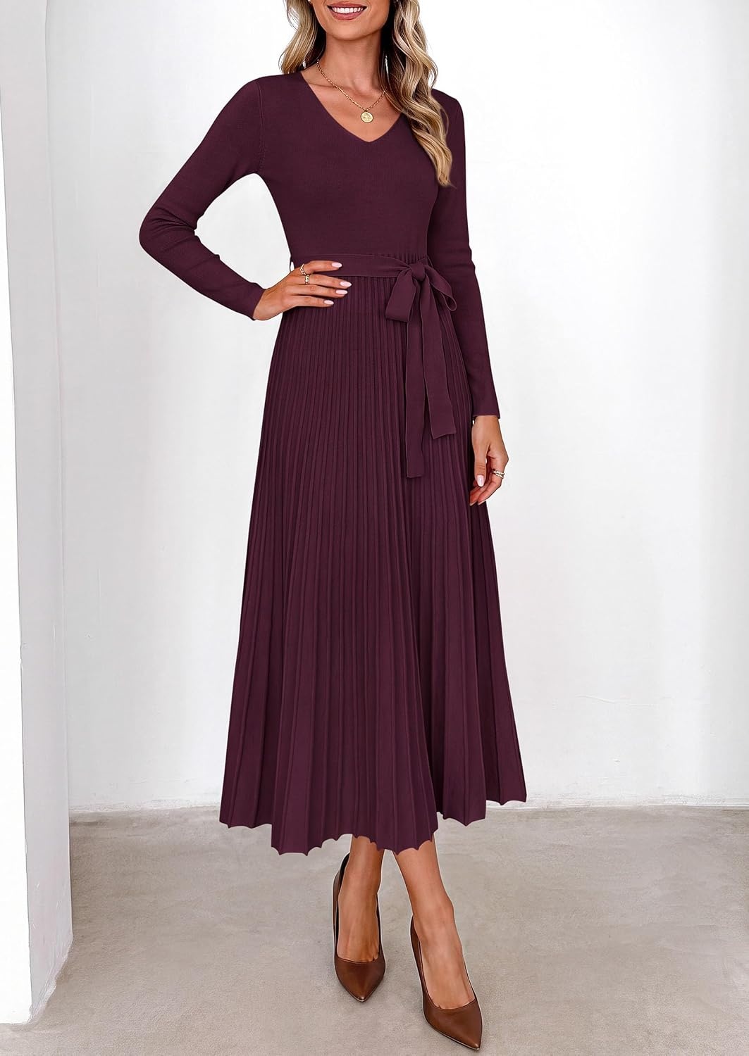 image:imagePRETTYGARDEN Womens Fall Maxi Long Sleeve Sweater DressWine Red