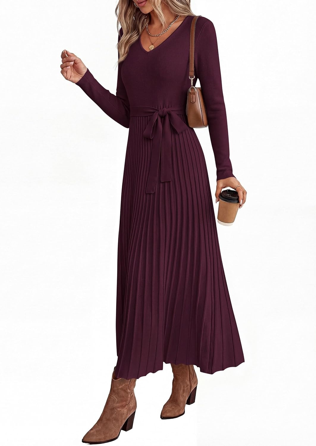 image:imagePRETTYGARDEN Womens Fall Maxi Long Sleeve Sweater DressWine Red