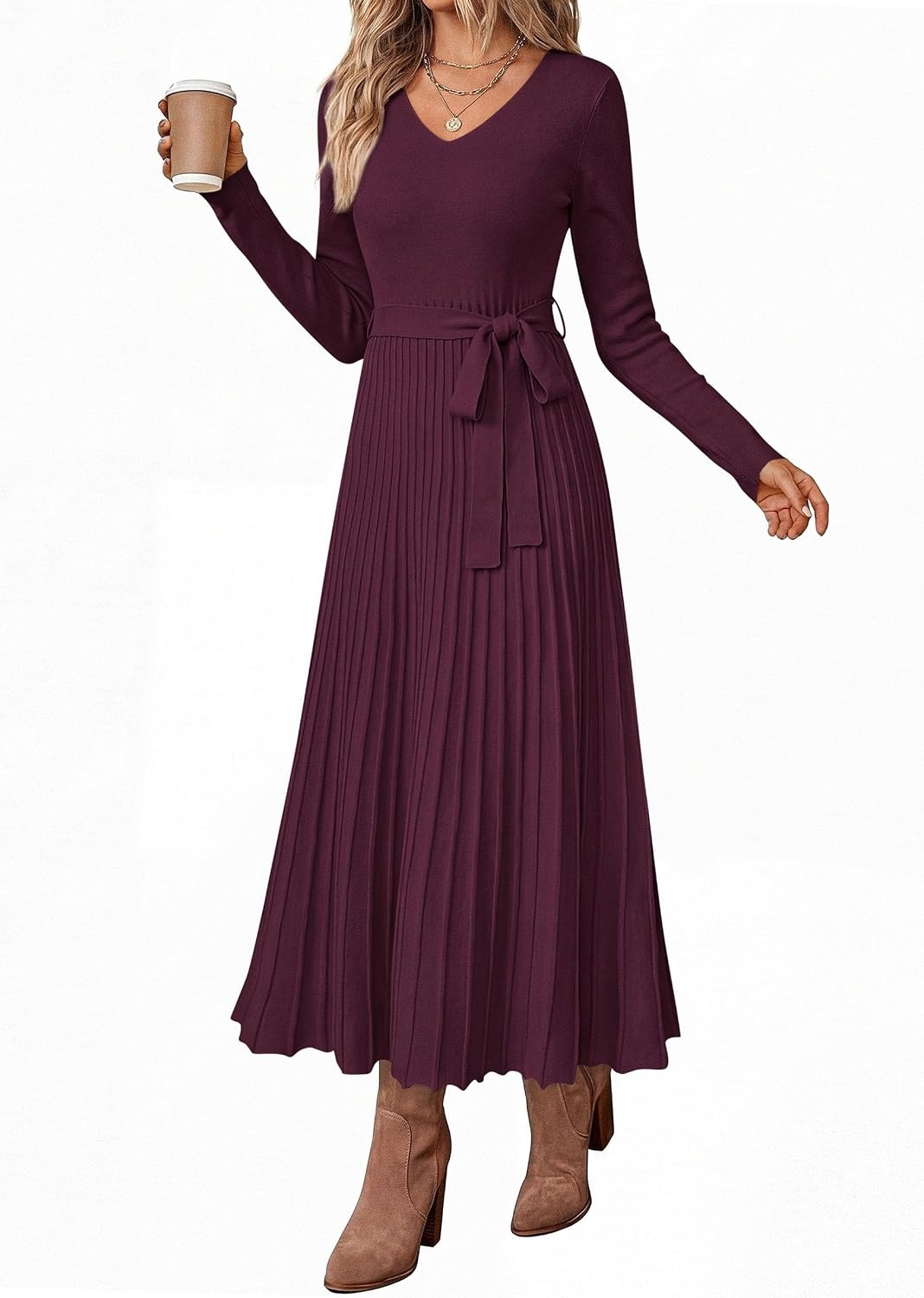 image:imagePRETTYGARDEN Womens Fall Maxi Long Sleeve Sweater DressWine Red
