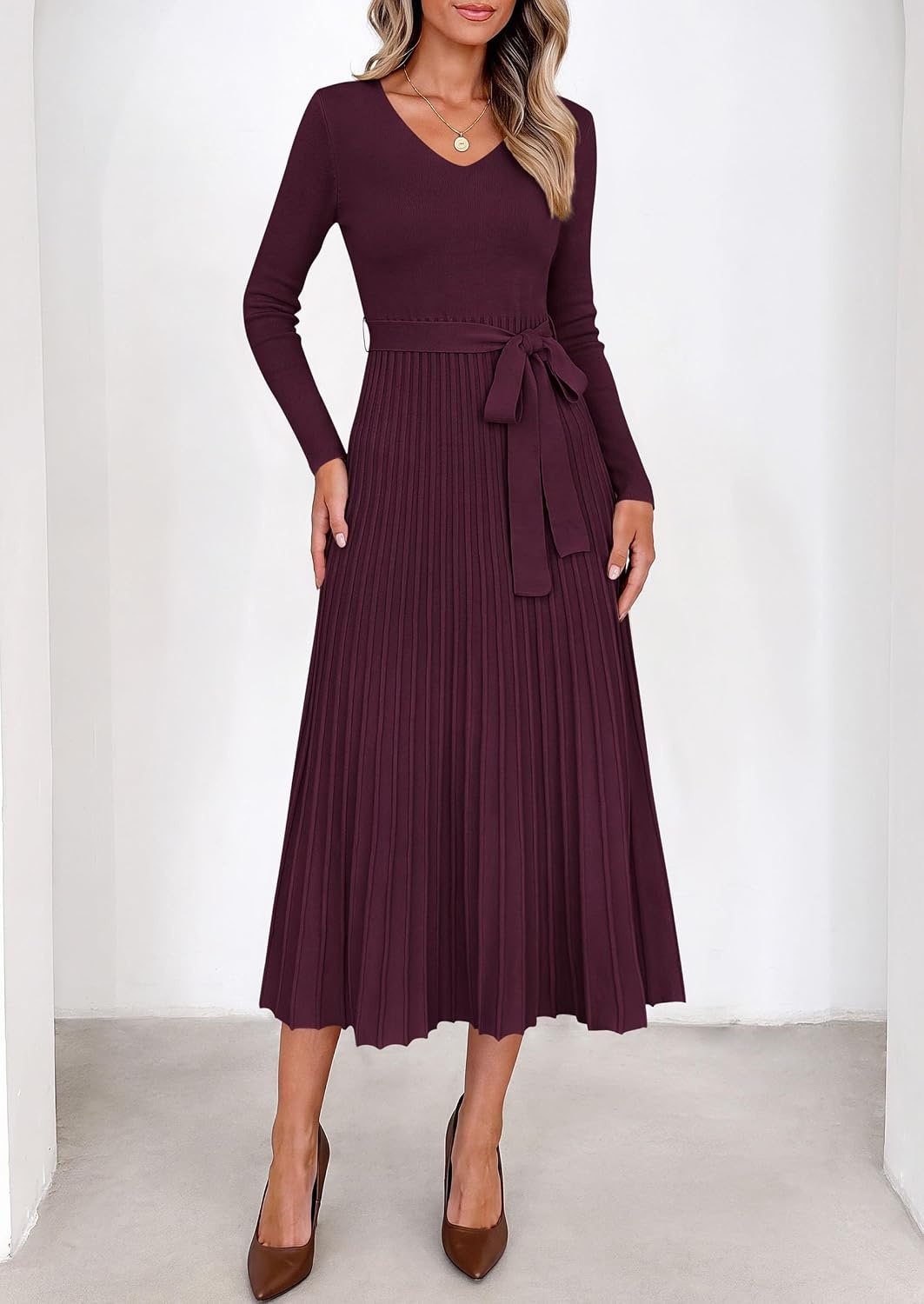 image:imagePRETTYGARDEN Womens Fall Maxi Long Sleeve Sweater DressWine Red