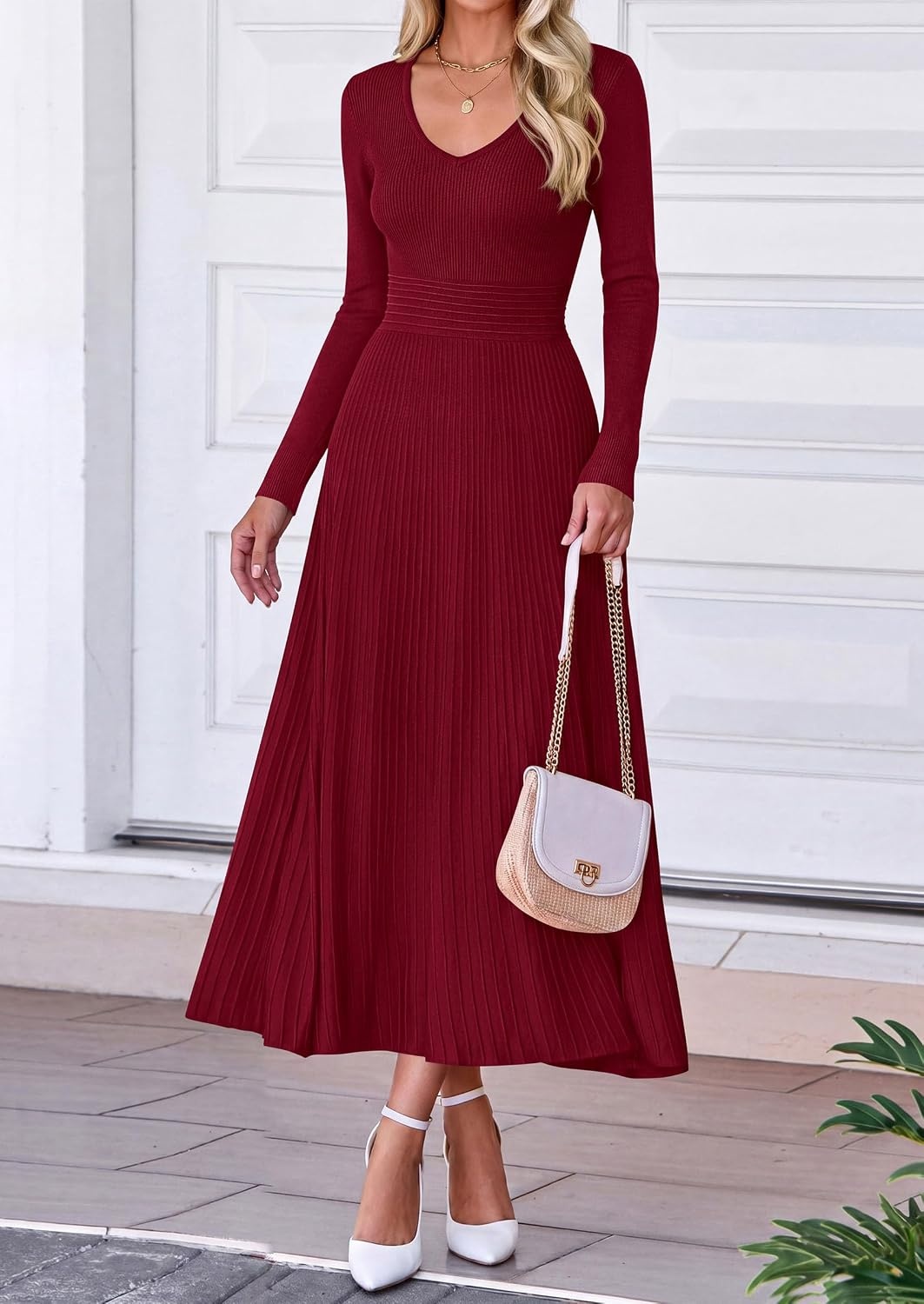image:imagePRETTYGARDEN Womens Fall V Neck Pleated Midi Sweater DressWine Red