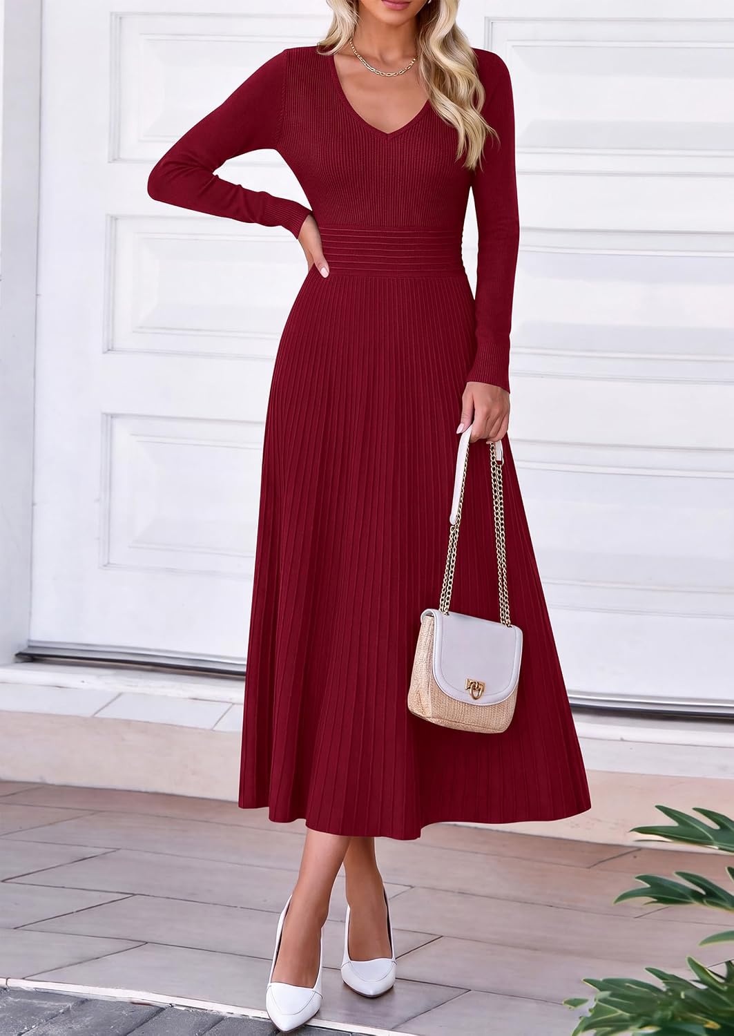 image:imagePRETTYGARDEN Womens Fall V Neck Pleated Midi Sweater DressWine Red