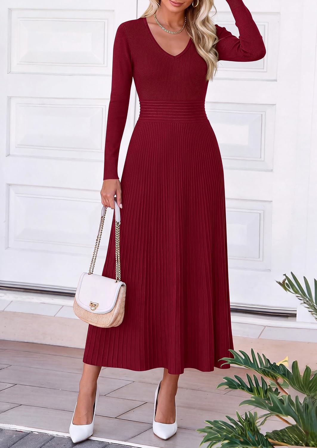 image:imagePRETTYGARDEN Womens Fall V Neck Pleated Midi Sweater DressWine Red