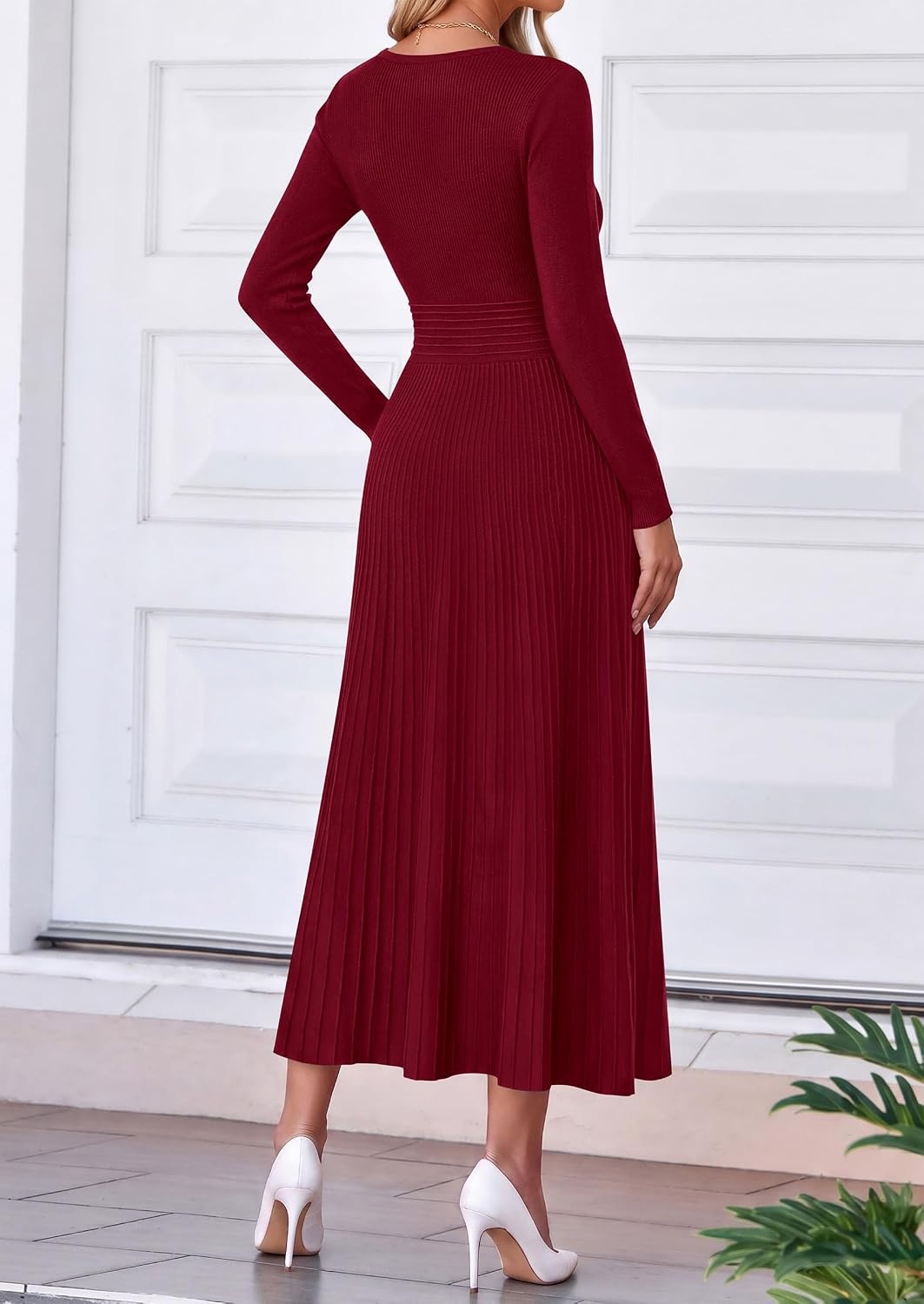 image:imagePRETTYGARDEN Womens Fall V Neck Pleated Midi Sweater DressWine Red
