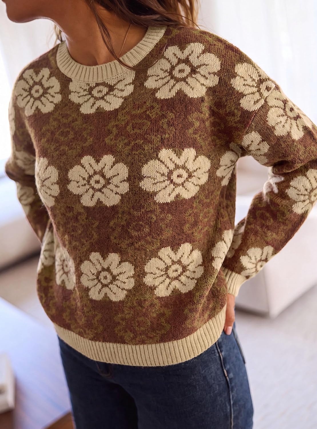 image:imagePRETTYGARDEN Womens Floral Crewneck Sweater Knit PulloverBrown Floral