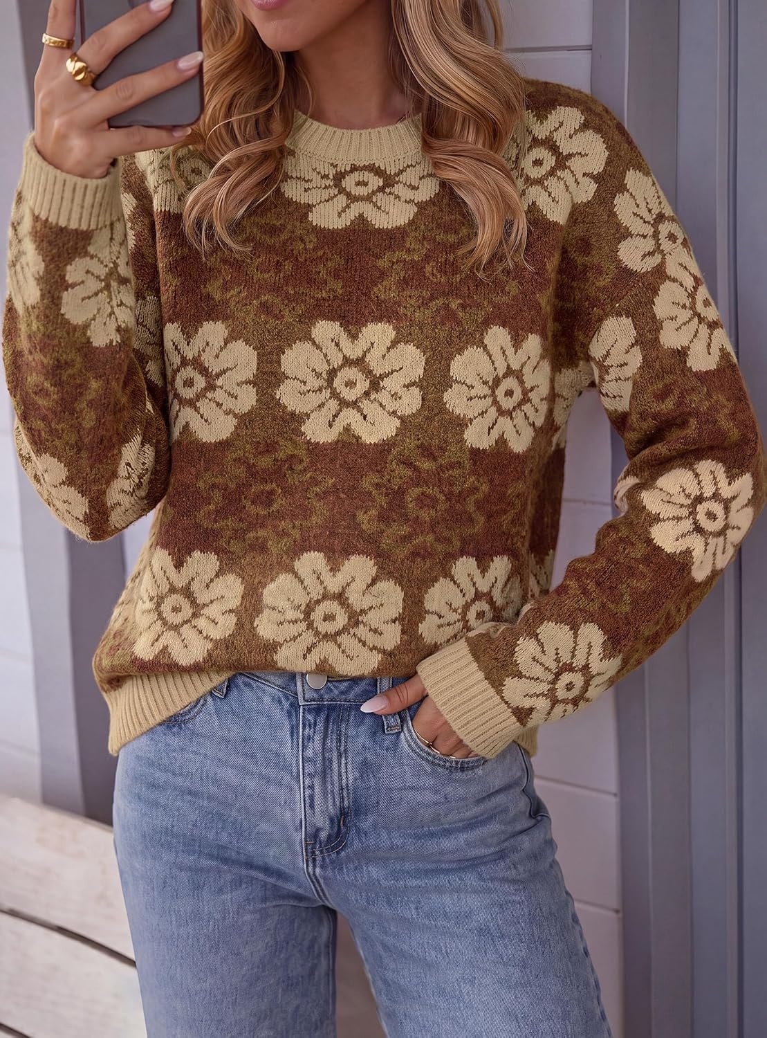 image:imagePRETTYGARDEN Womens Floral Crewneck Sweater Knit PulloverBrown Floral