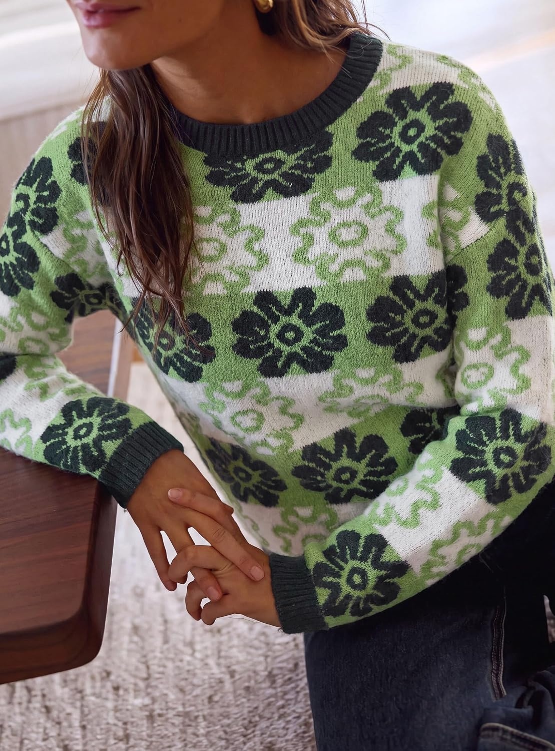 image:imagePRETTYGARDEN Womens Floral Crewneck Sweater Knit PulloverGreen Floral