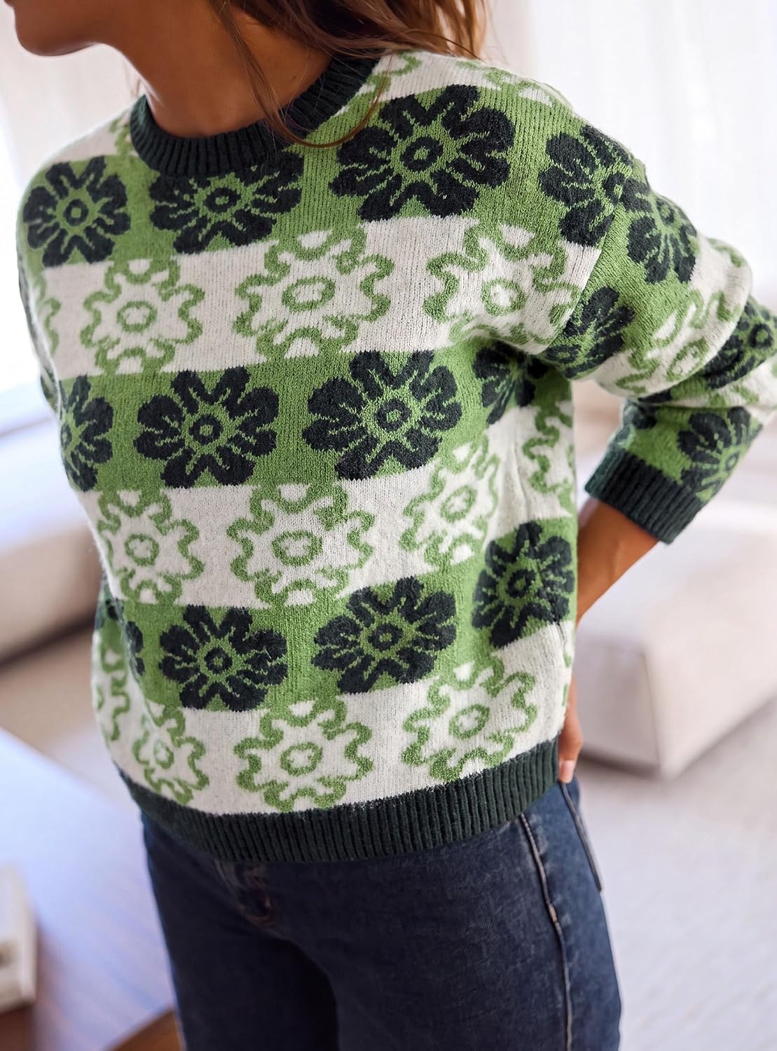 image:imagePRETTYGARDEN Womens Floral Crewneck Sweater Knit PulloverGreen Floral