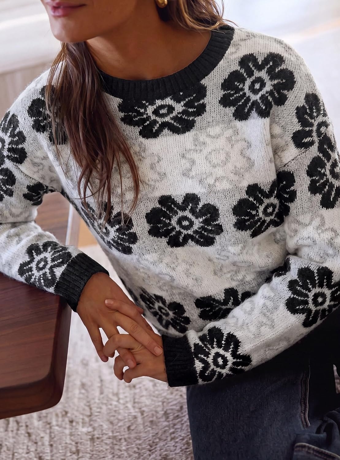image:imagePRETTYGARDEN Womens Floral Crewneck Sweater Knit PulloverGrey Floral