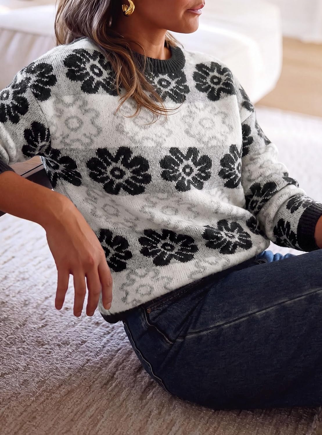 image:imagePRETTYGARDEN Womens Floral Crewneck Sweater Knit PulloverGrey Floral