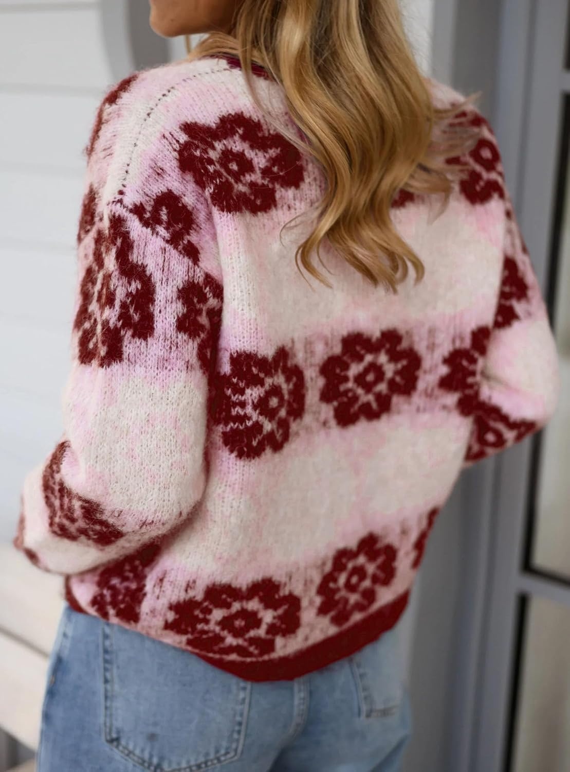 image:imagePRETTYGARDEN Womens Floral Crewneck Sweater Knit PulloverWine Red Floral