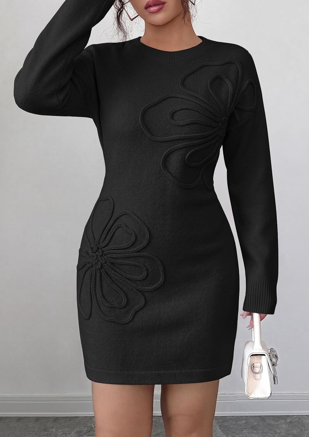 image:imagePRETTYGARDEN Womens Floral Embroidered Bodycon Sweater DressBlack