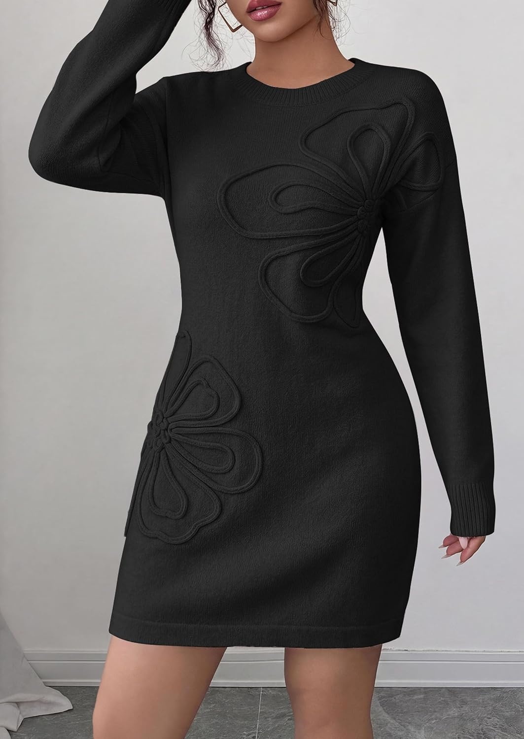 image:imagePRETTYGARDEN Womens Floral Embroidered Bodycon Sweater DressBlack