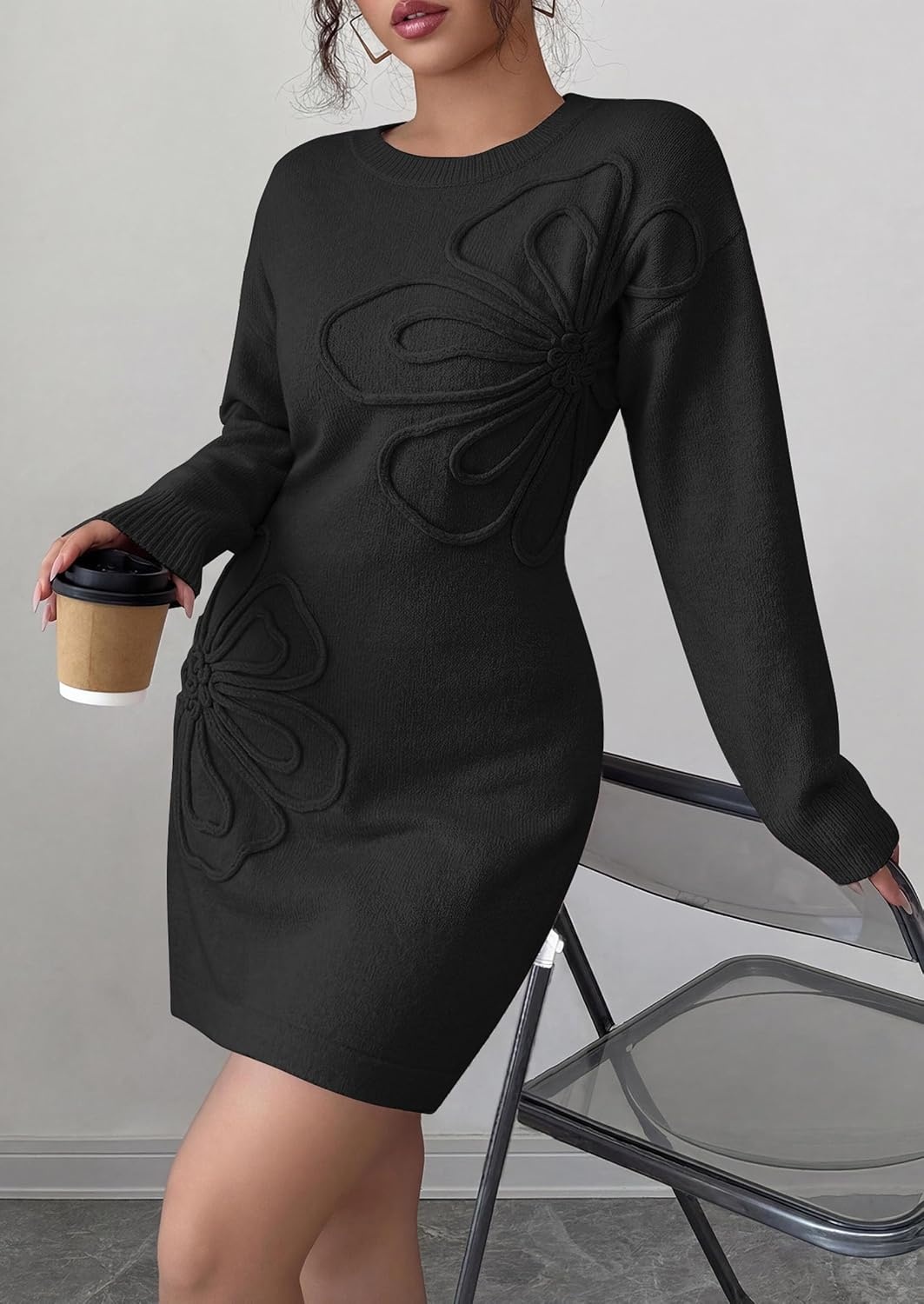 image:imagePRETTYGARDEN Womens Floral Embroidered Bodycon Sweater DressBlack
