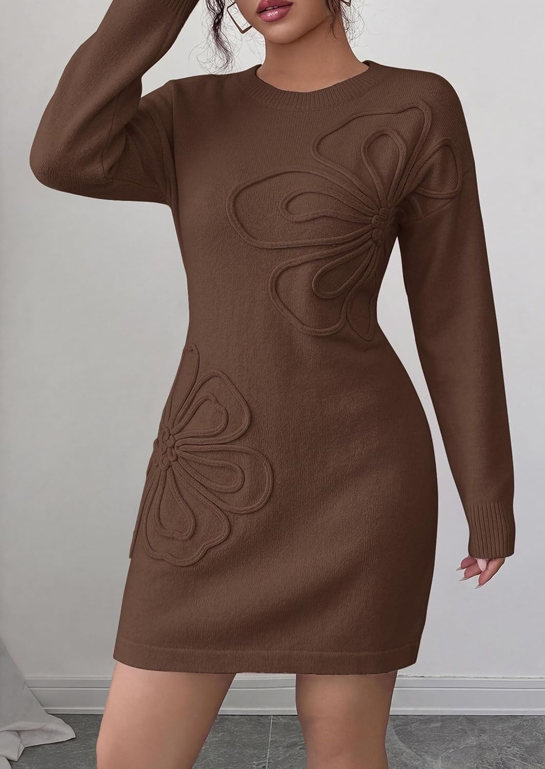 image:imagePRETTYGARDEN Womens Floral Embroidered Bodycon Sweater DressBrown