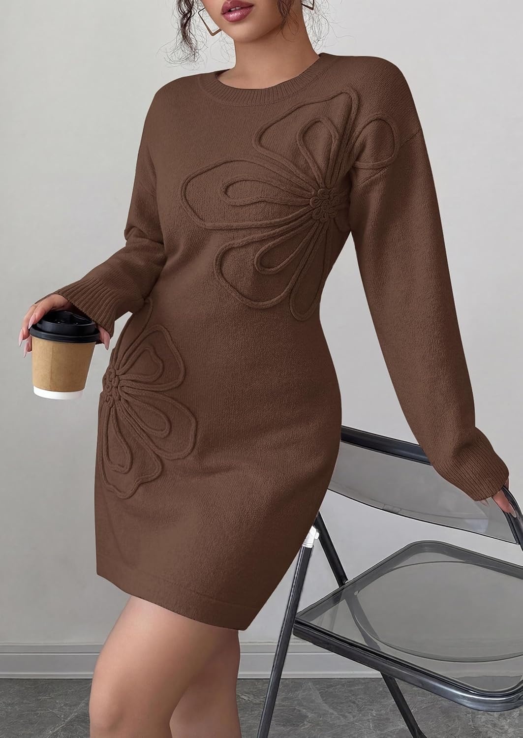 image:imagePRETTYGARDEN Womens Floral Embroidered Bodycon Sweater DressBrown