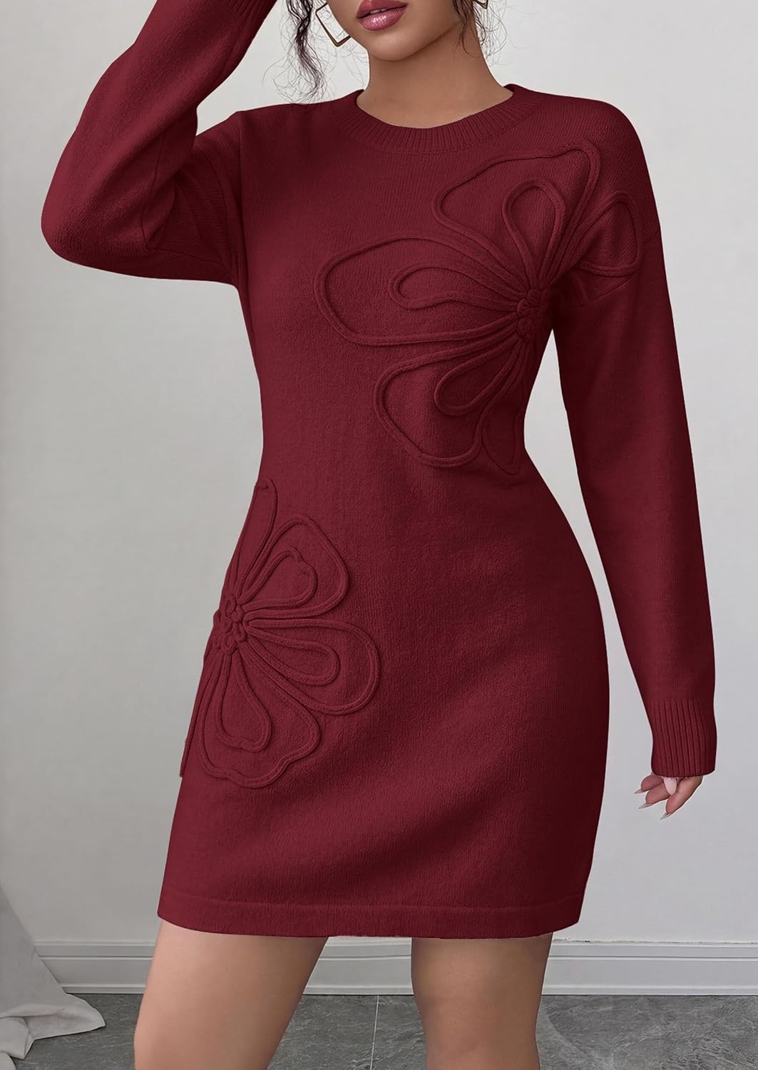 image:imagePRETTYGARDEN Womens Floral Embroidered Bodycon Sweater DressBurgundy