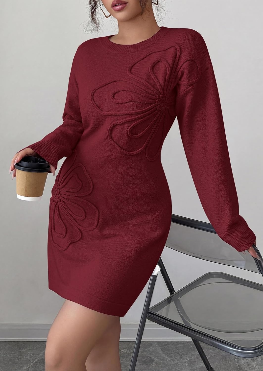 image:imagePRETTYGARDEN Womens Floral Embroidered Bodycon Sweater DressBurgundy
