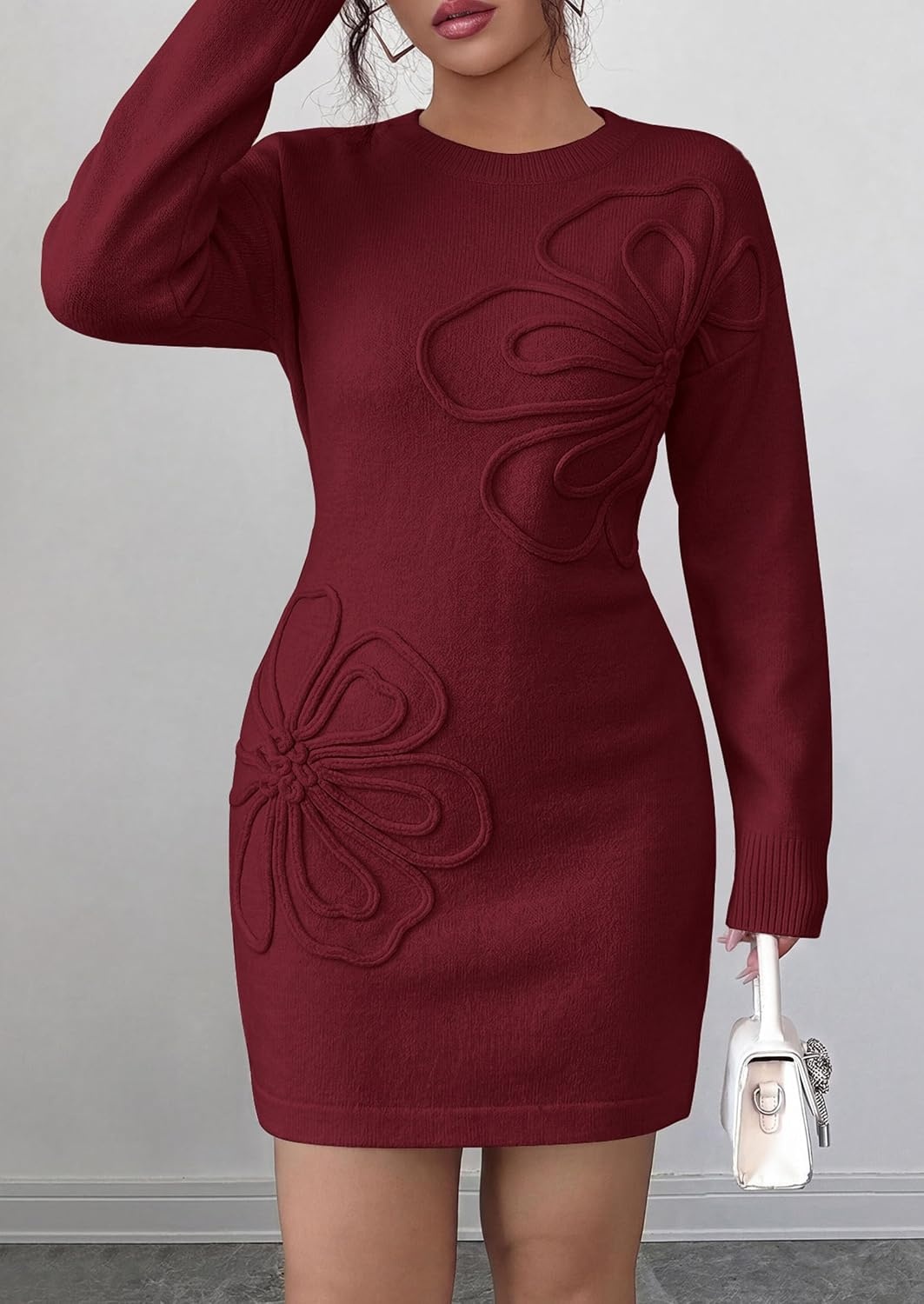 image:imagePRETTYGARDEN Womens Floral Embroidered Bodycon Sweater DressBurgundy