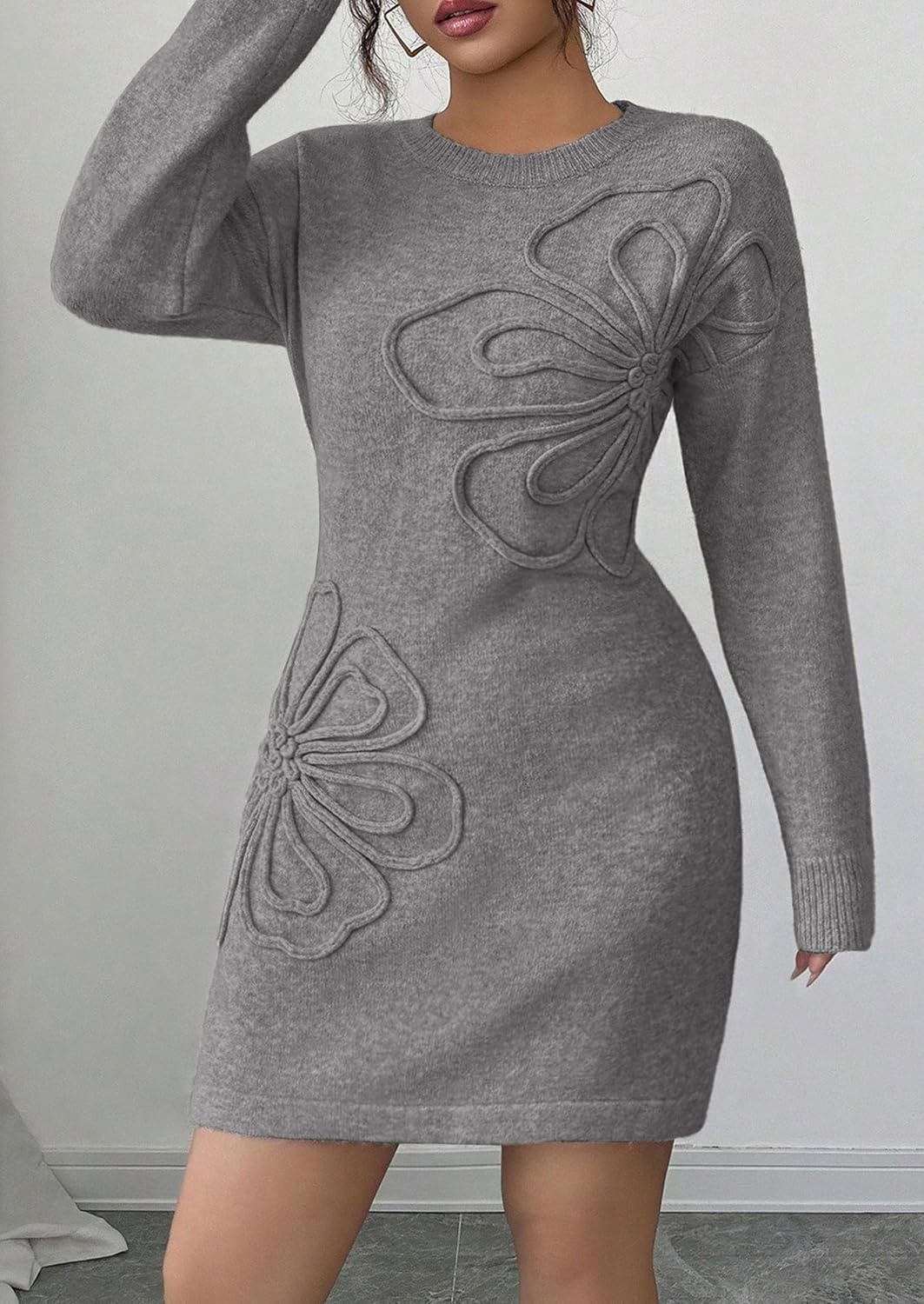 image:imagePRETTYGARDEN Womens Floral Embroidered Bodycon Sweater DressGrey
