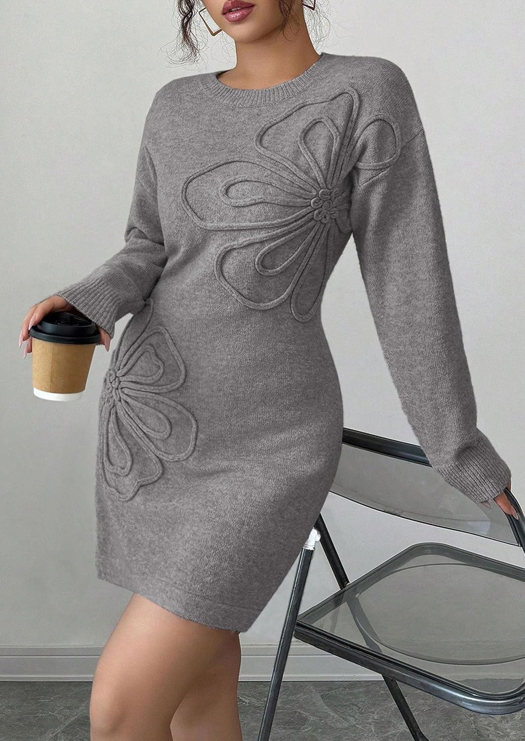 image:imagePRETTYGARDEN Womens Floral Embroidered Bodycon Sweater DressGrey