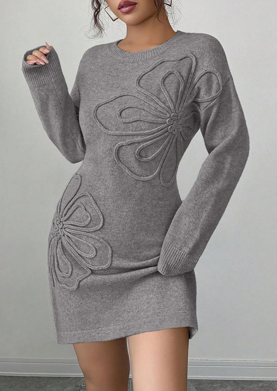image:imagePRETTYGARDEN Womens Floral Embroidered Bodycon Sweater DressGrey