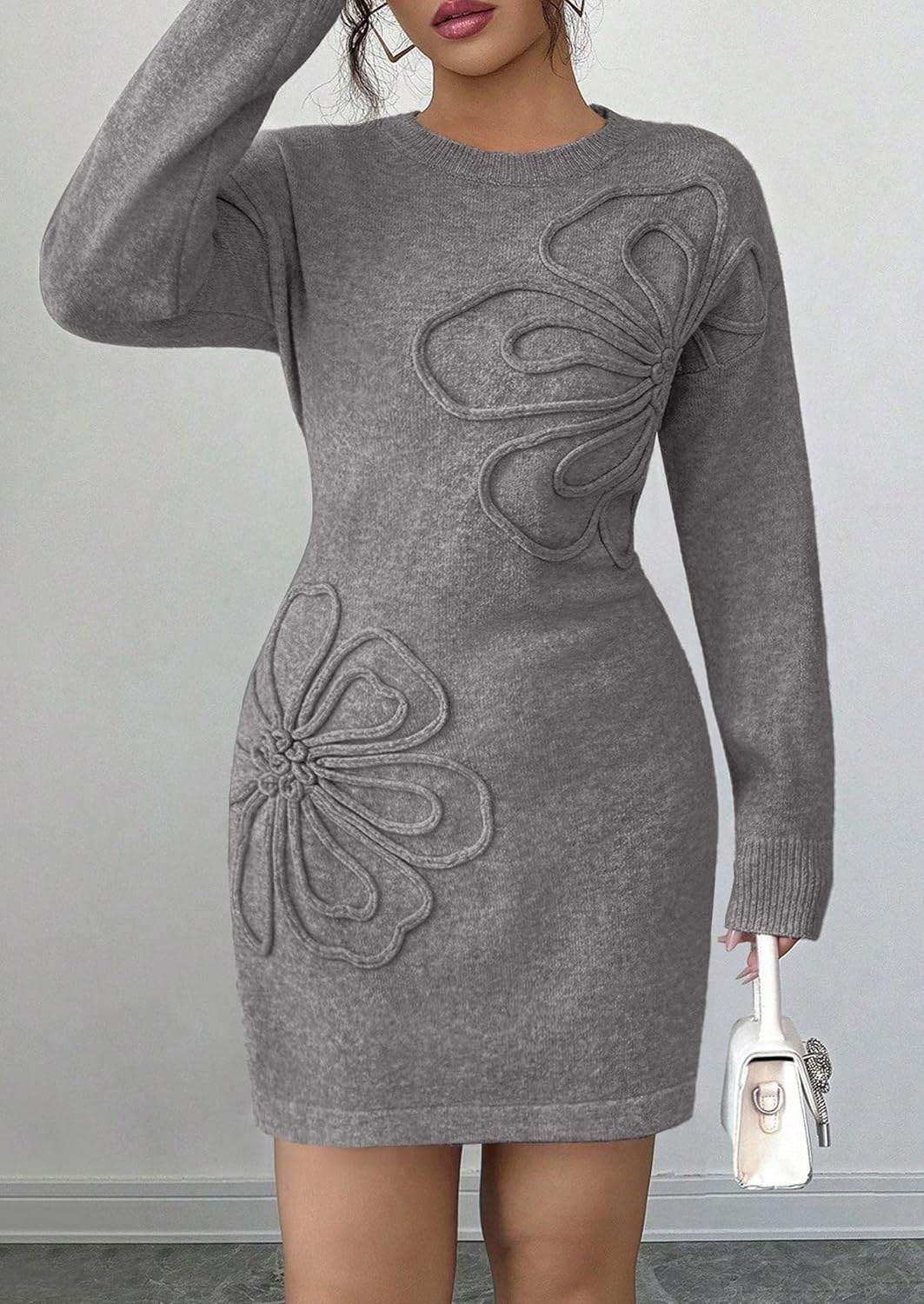 image:imagePRETTYGARDEN Womens Floral Embroidered Bodycon Sweater DressGrey
