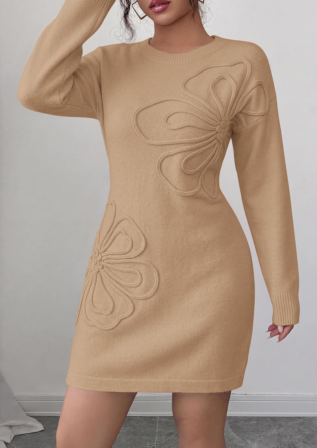 image:imagePRETTYGARDEN Womens Floral Embroidered Bodycon Sweater DressKhaki